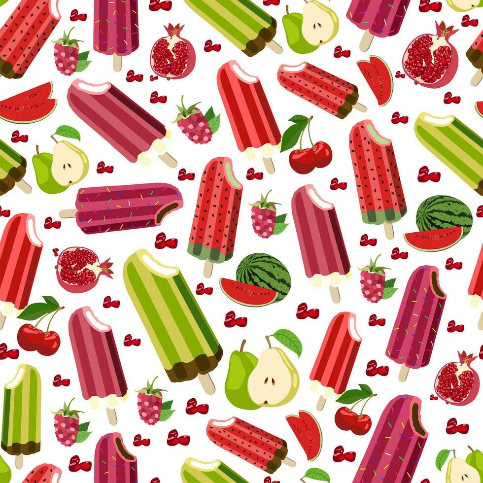 Ice creams seamless pattern. Fruity frozen Ice cream dessert. Cartoon sweet food with pomegranate, grape, watermelon vector