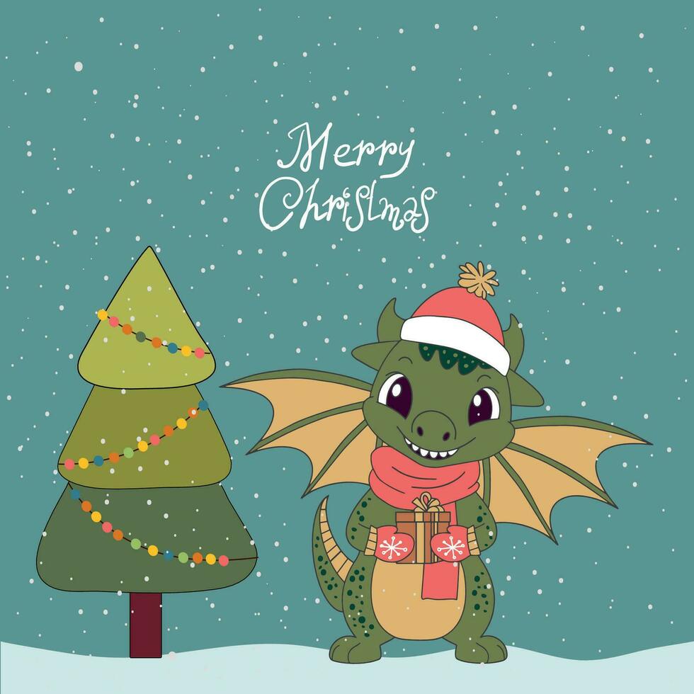 A cute cartoon green dragon wearing a Santa hat holds a gift and stands next to the Christmas tree. New Year vector illustration, greeting card. Vector illustration