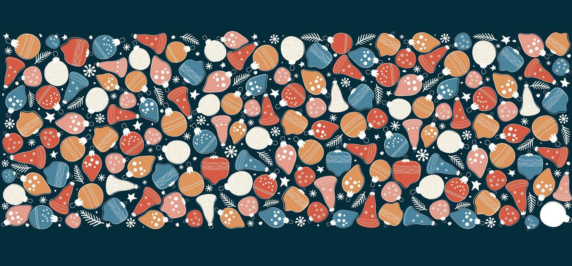 Repeating decorative ornament with New Year's tree decorations. Festive horizontal template. Vector graphics.