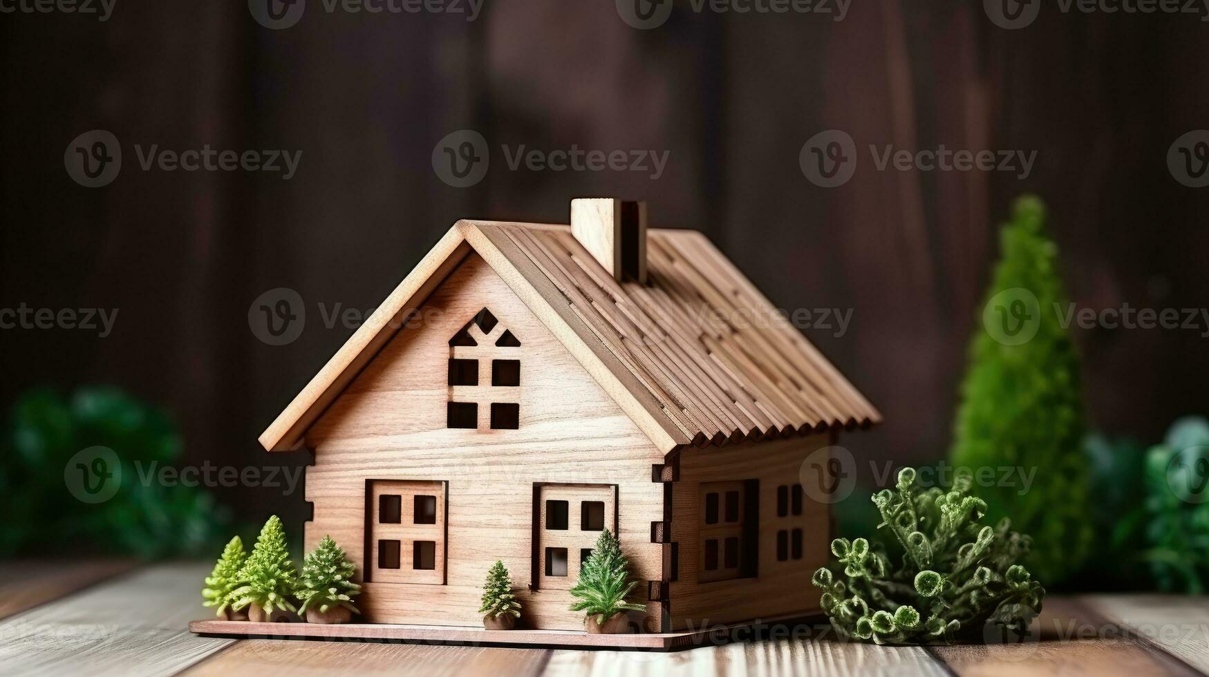 a wooden house in table, real estate concept photo
