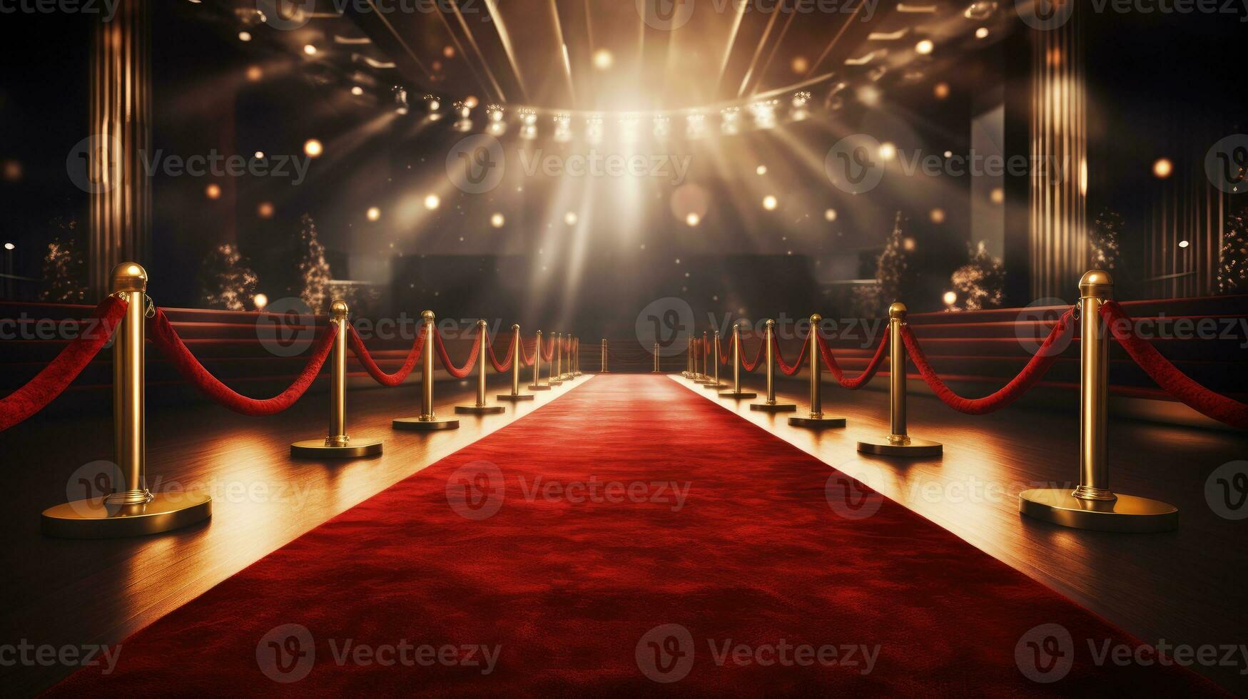 Red carpet and barriers with velvet rope, red curtains in the background and spotlight photo