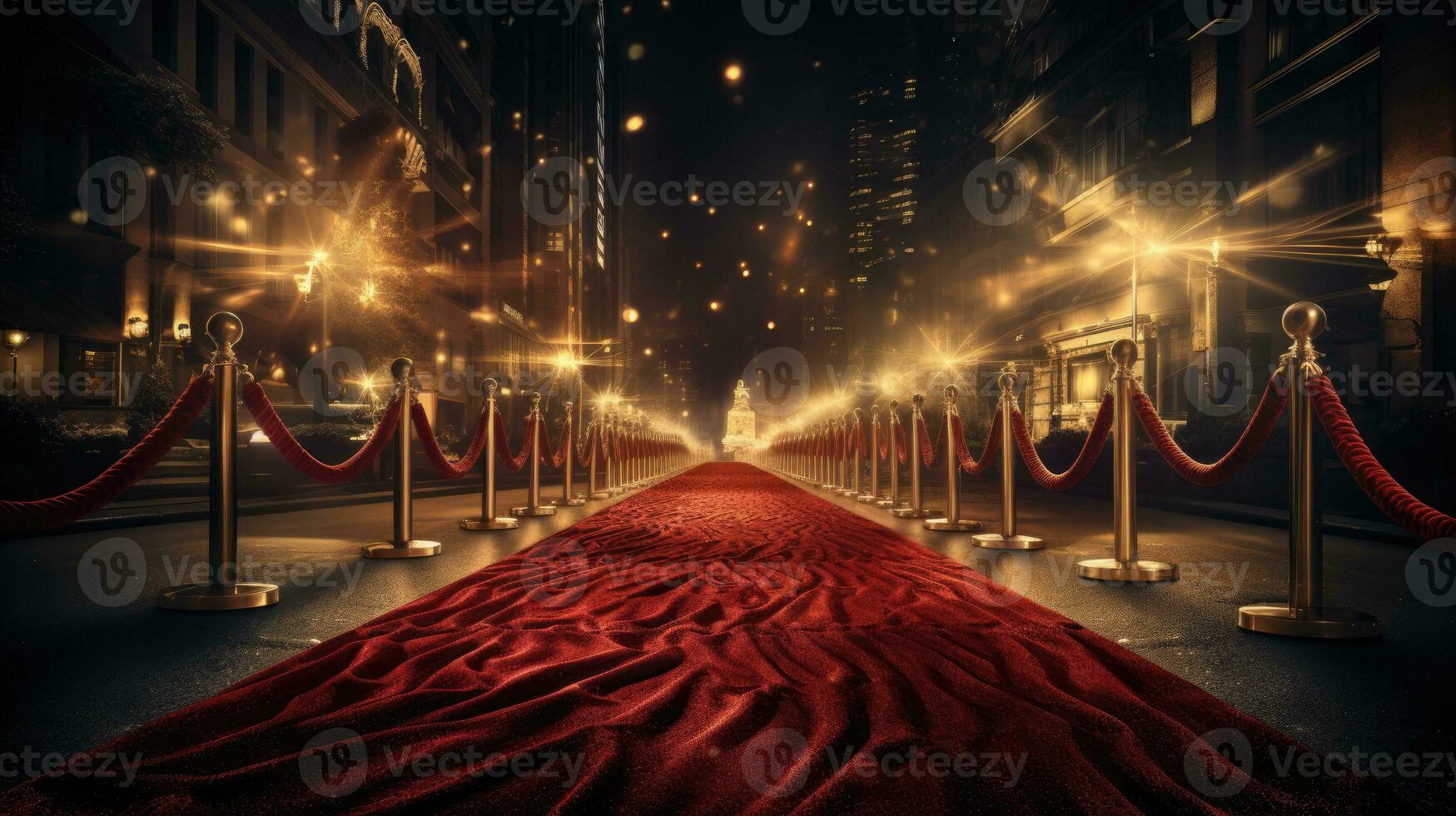 Red carpet and barriers with velvet rope, red curtains in the background and spotlight photo