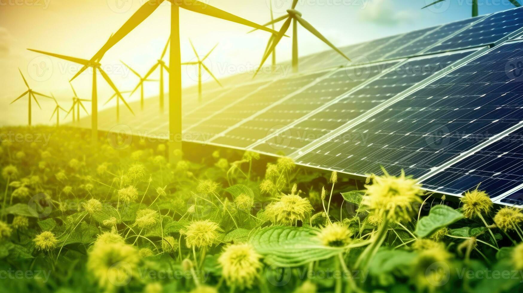 Solar panels and wind turbines in a field. Alternative energy sources. photo