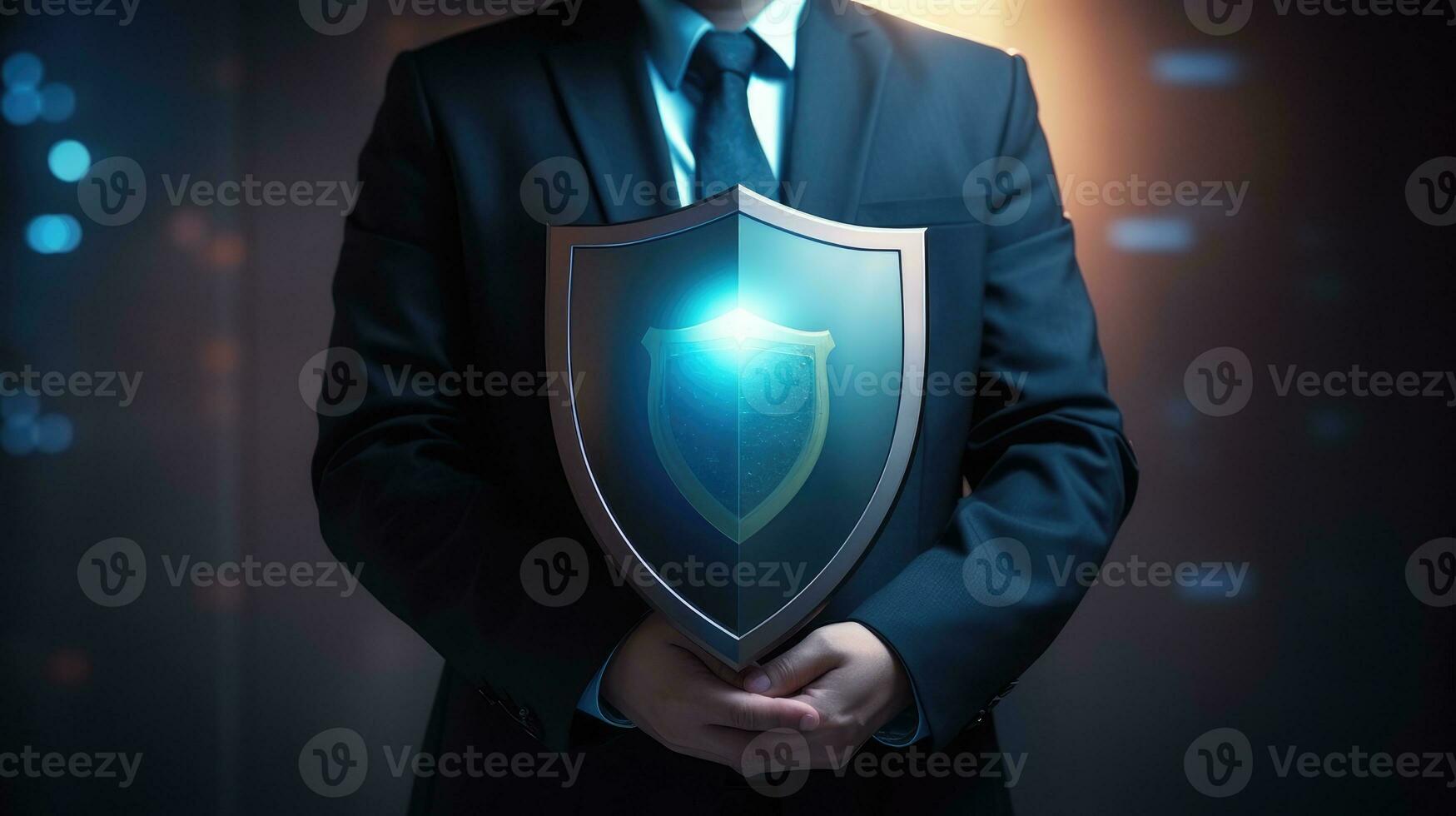 Businessman holding shield with cyber security concept. photo