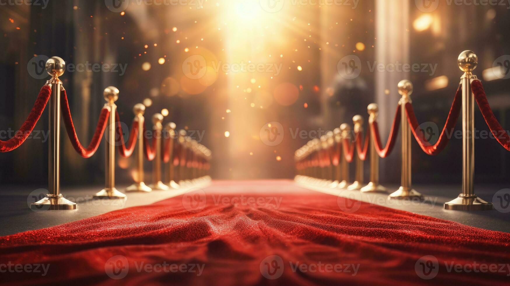 Red carpet and barriers with velvet rope, red curtains in the background and spotlight photo