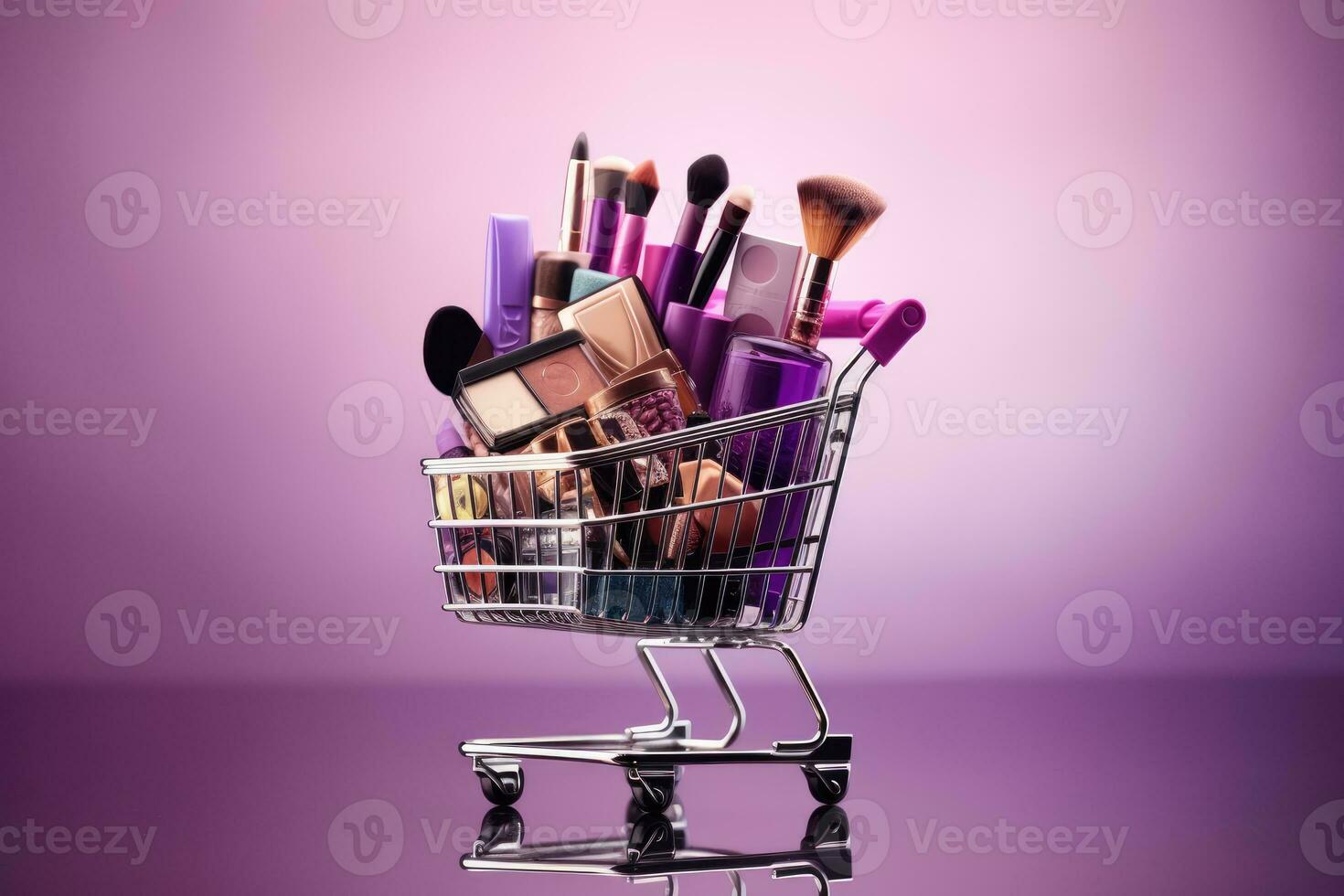 Shopping cart full of makeup products isolated on purple background. Copy space. photo