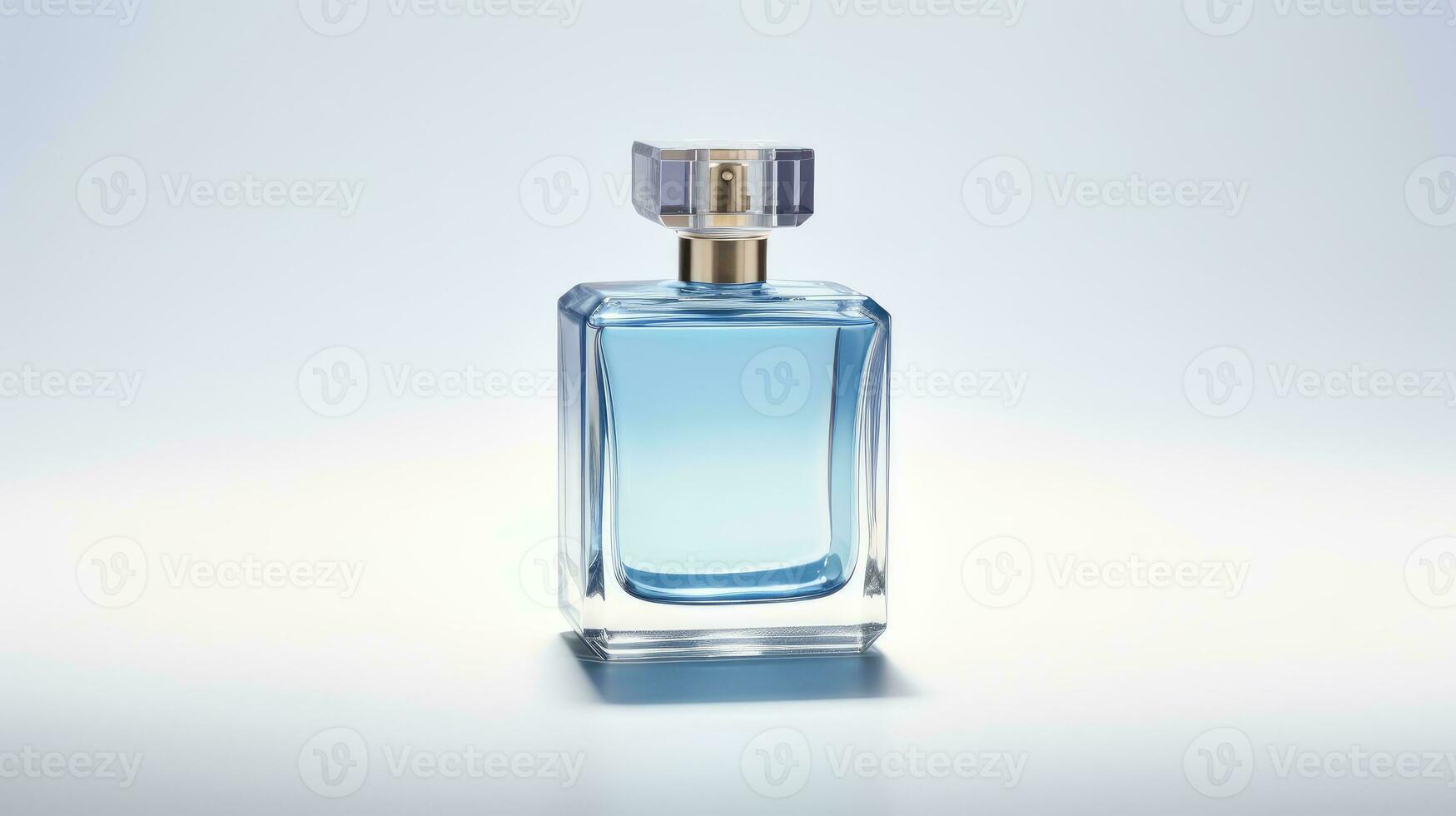 botella de perfume sobre fondo azul foto