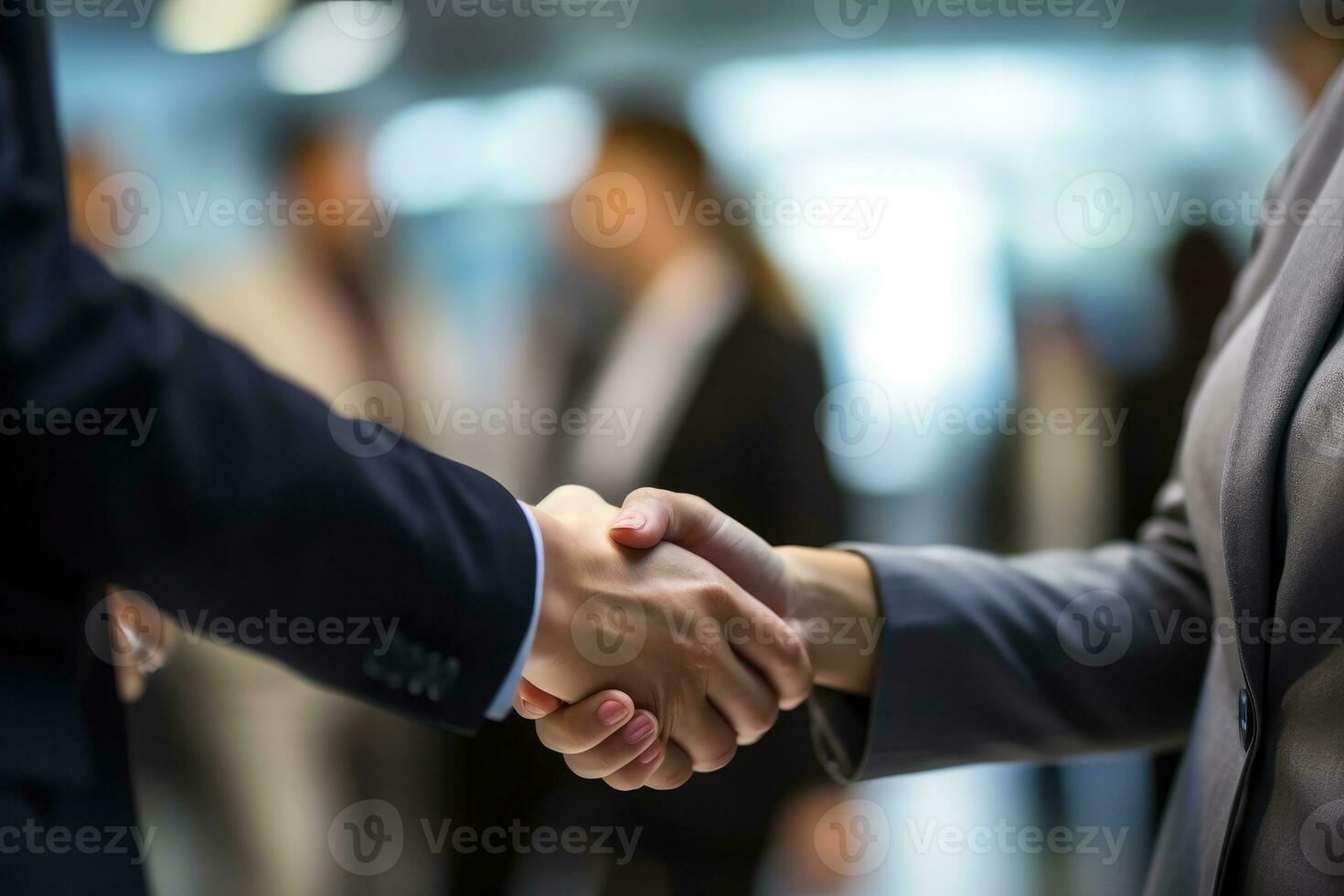 Business people shaking hands at meeting or negotiation, close-up. Success in business, partnership and handshake concept. photo