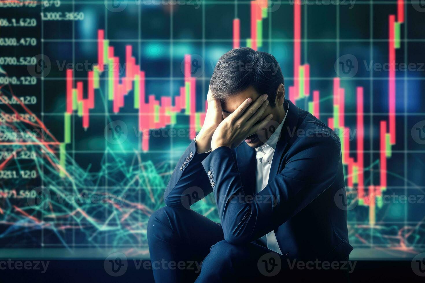Thoughtful young businessman sitting on chair with forex chart on