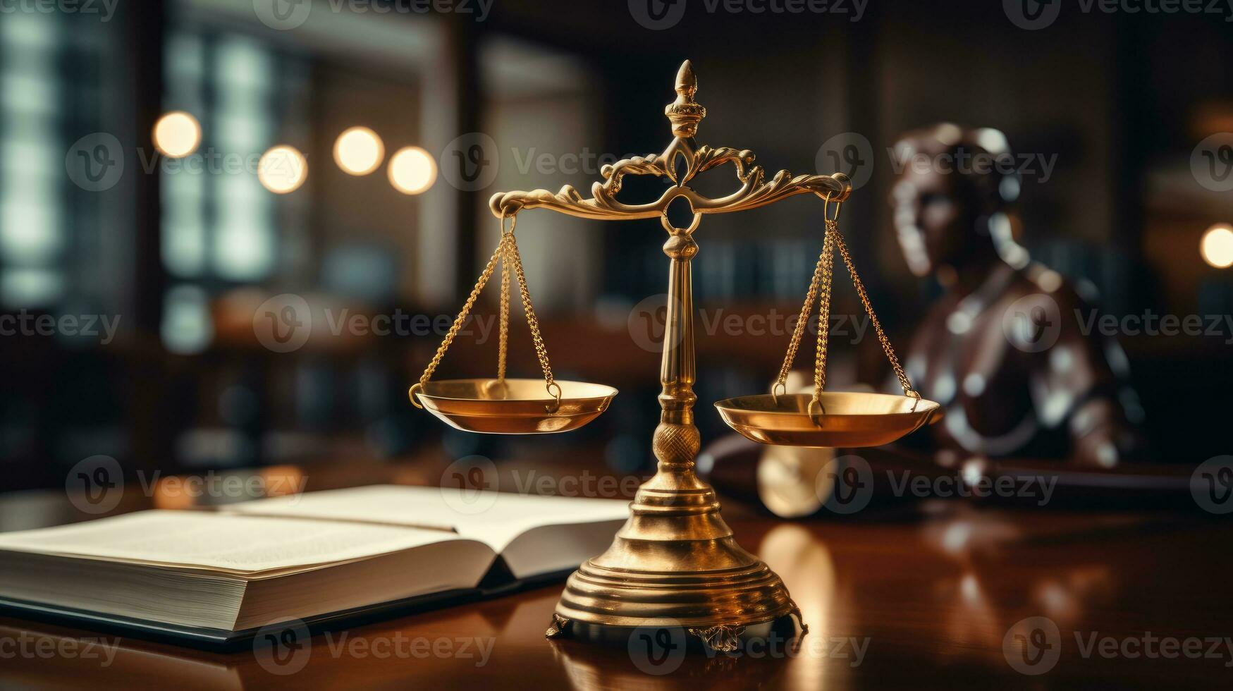 Law theme, mallet of judge, wooden gavel, scale of justice photo