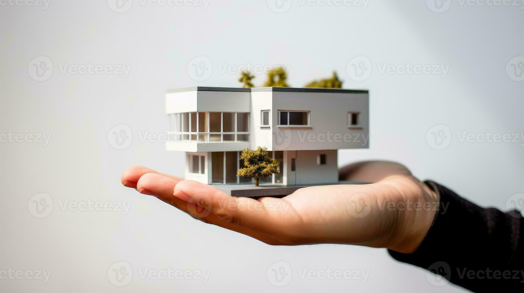 Real estate agent or real estate agent is showing house model to customer. photo