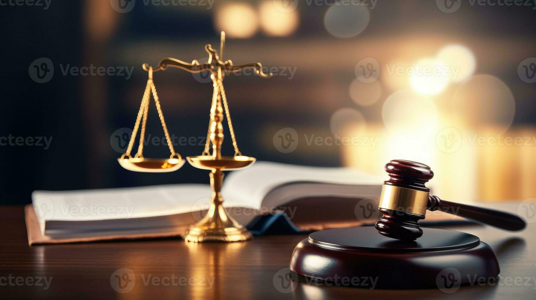 Law theme, mallet of judge, wooden gavel, scale of justice photo