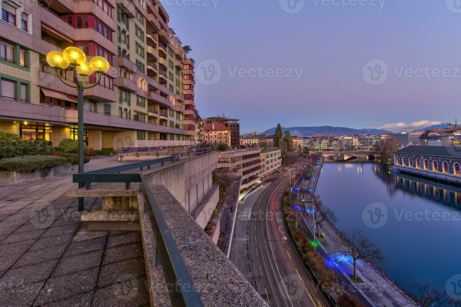 Rhone river and old buildings, Geneva, Switzerland - HDR photo