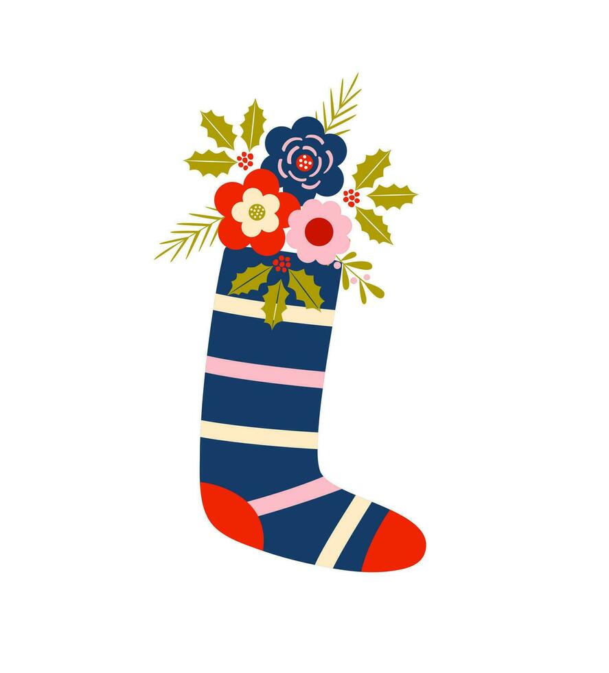 Santa sock with flowers. Christmas stockings. Winter cozy holidays. Home festive decoration. Merry Christmas and Happy New year. vector