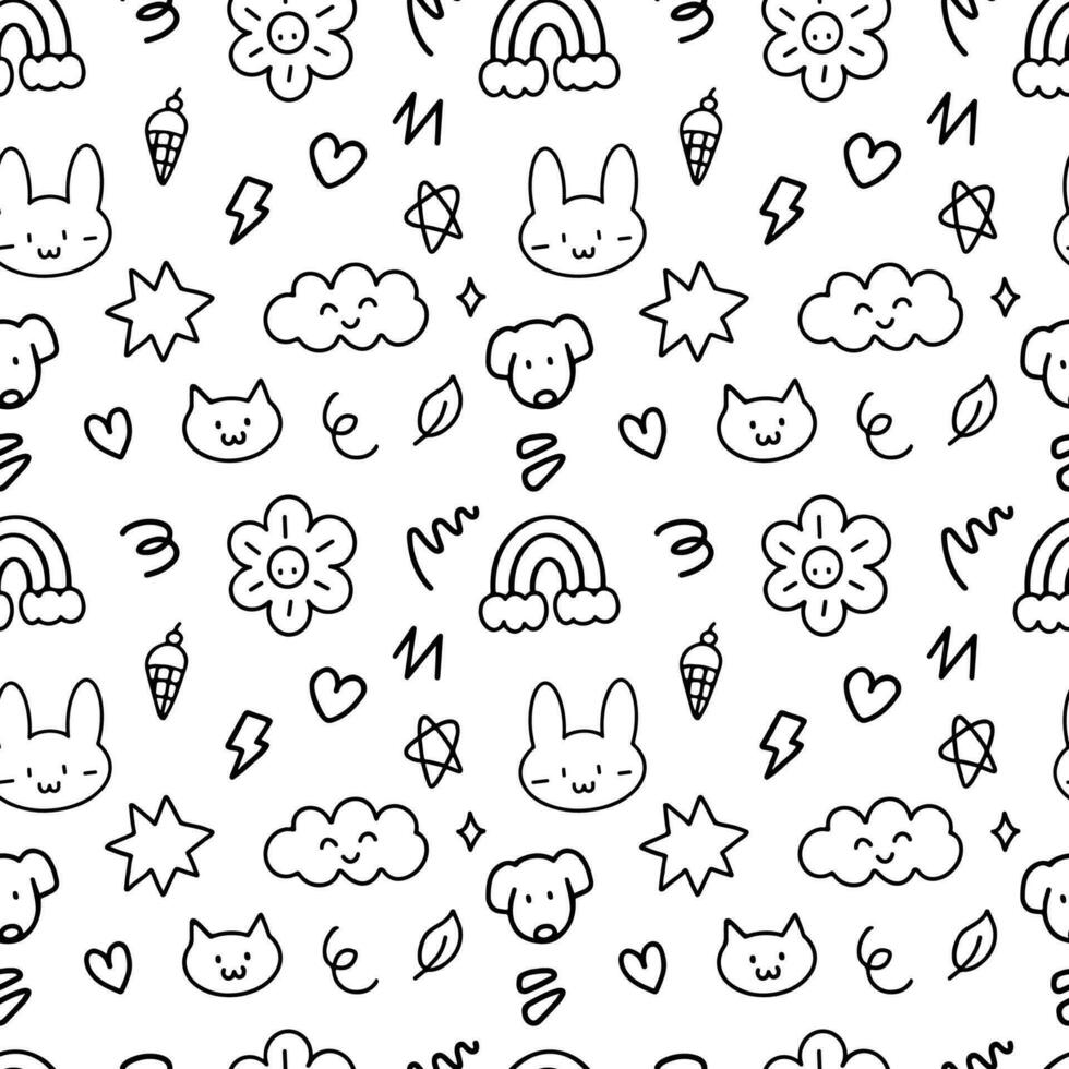 Doodle hand drawn outline seamless pattern background. Cat ,dog, cloud, heart, sparkle, rabbit, flower for wrapping, wallpaper vector
