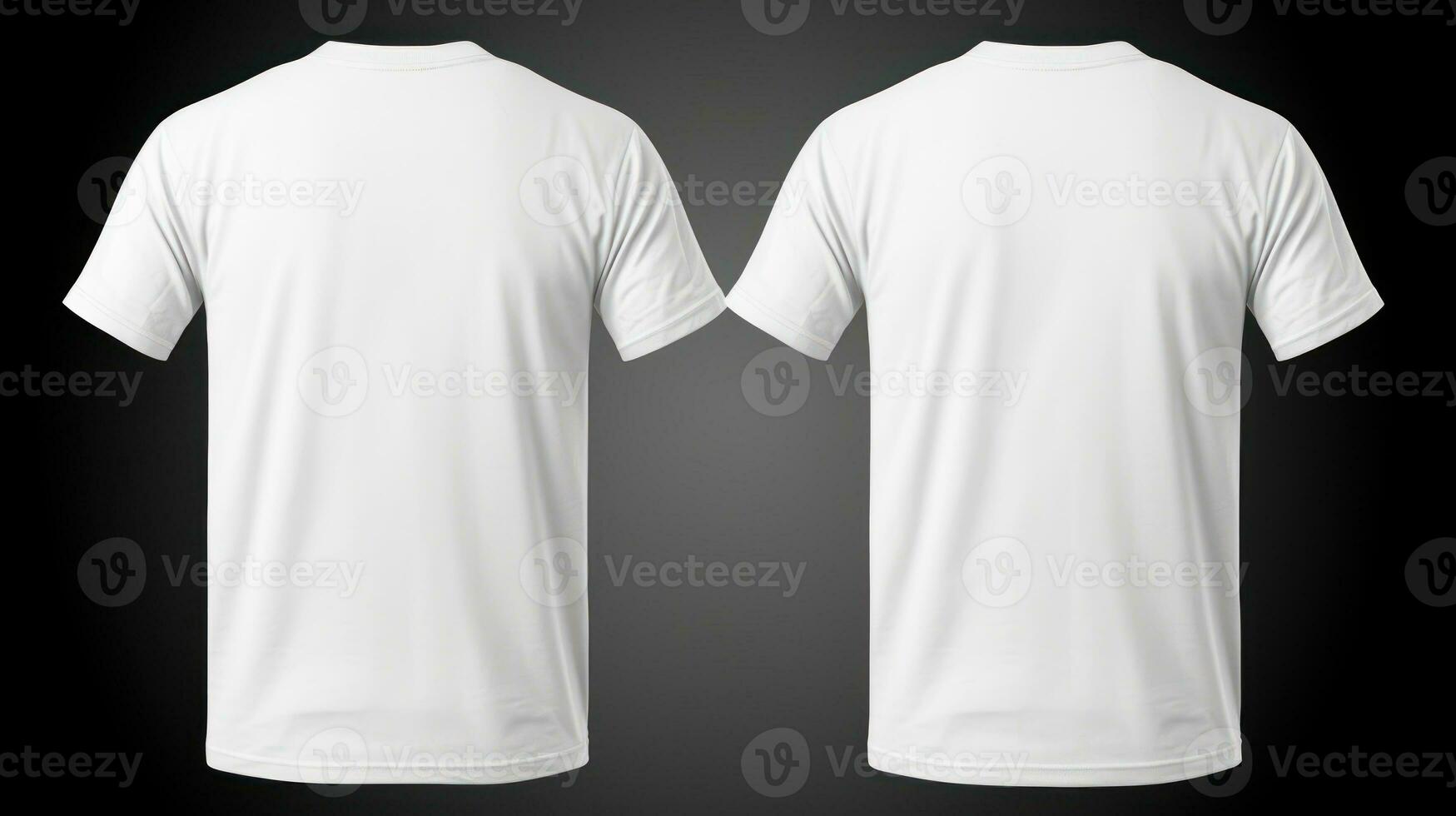 Man's White t-shirts front and back. Mockup for design. Copy space. Isolated on black background. Layout, template. Clothing store, magazine, booklet, poster, brochure, advertisement. AI Generated photo