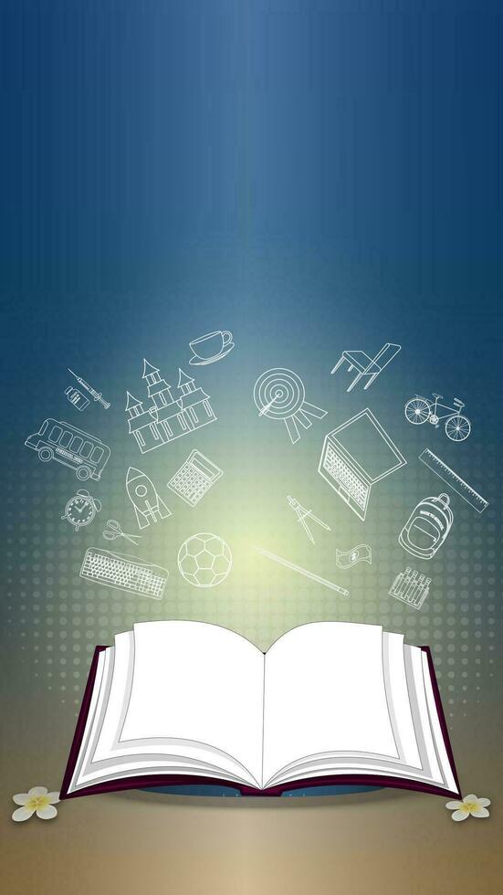 A book unfolded with the concept of knowledge gained from reading against a blue gradient background vector