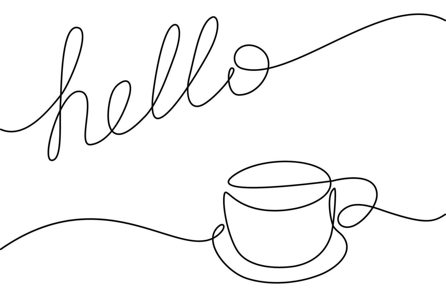 Hello morning design concept with one continuous line lettering and cup of coffee line art. Isolate vector