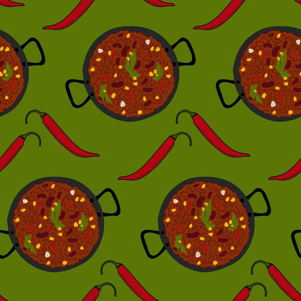 Seamless pattern of Chili con carne in a cast iron pan and red hot chili pepper. Flat lay. Isolate vector
