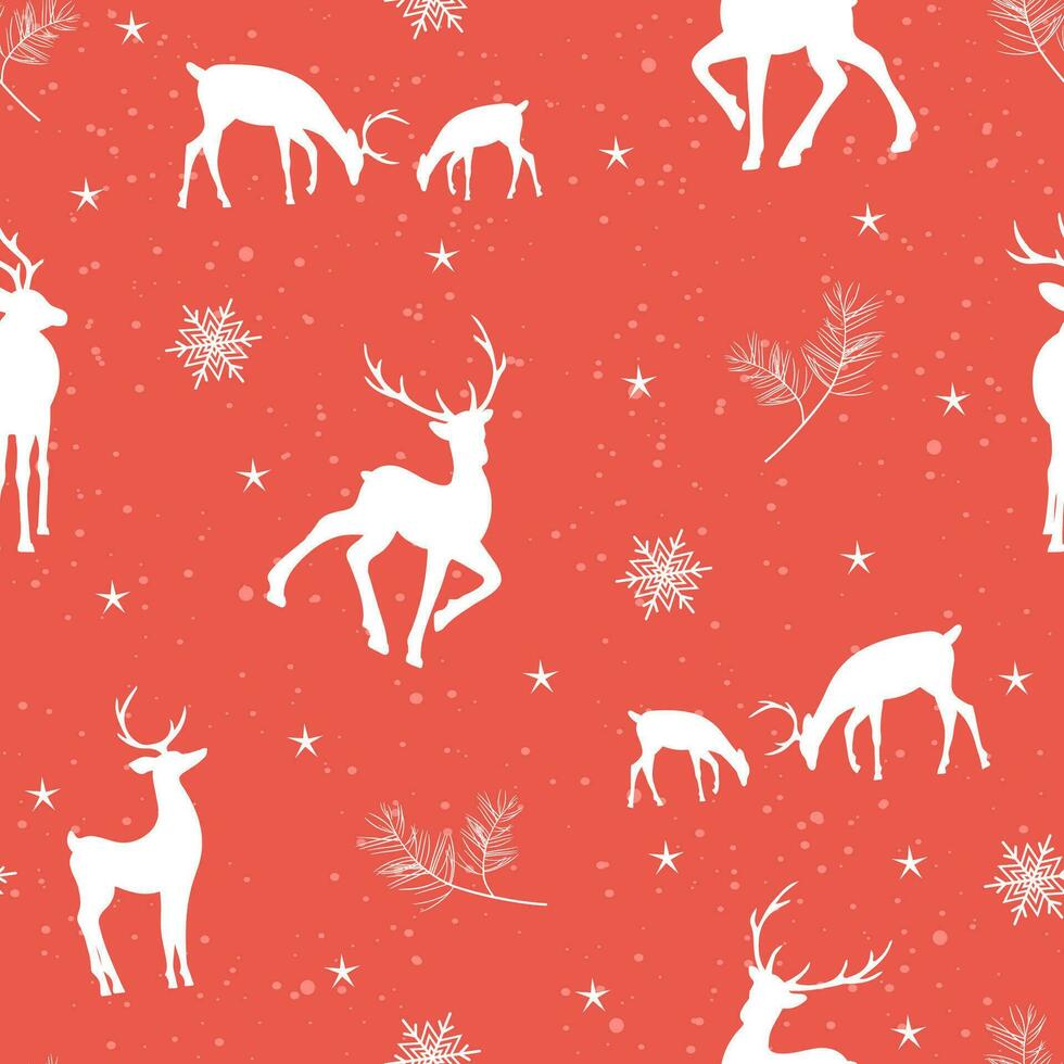 Seamless christmas pattern with reindeers and snowflakes. Beautiful winter or New Year background. Vector illustration in flat cartoon style. Perfect for fabric, package paper, wallpaper, textile