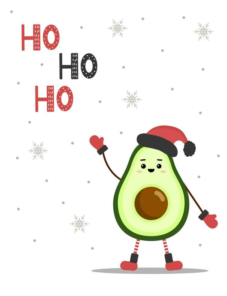 Cute christmas avocado in santa hat. New year postcard. Season greetings. vector