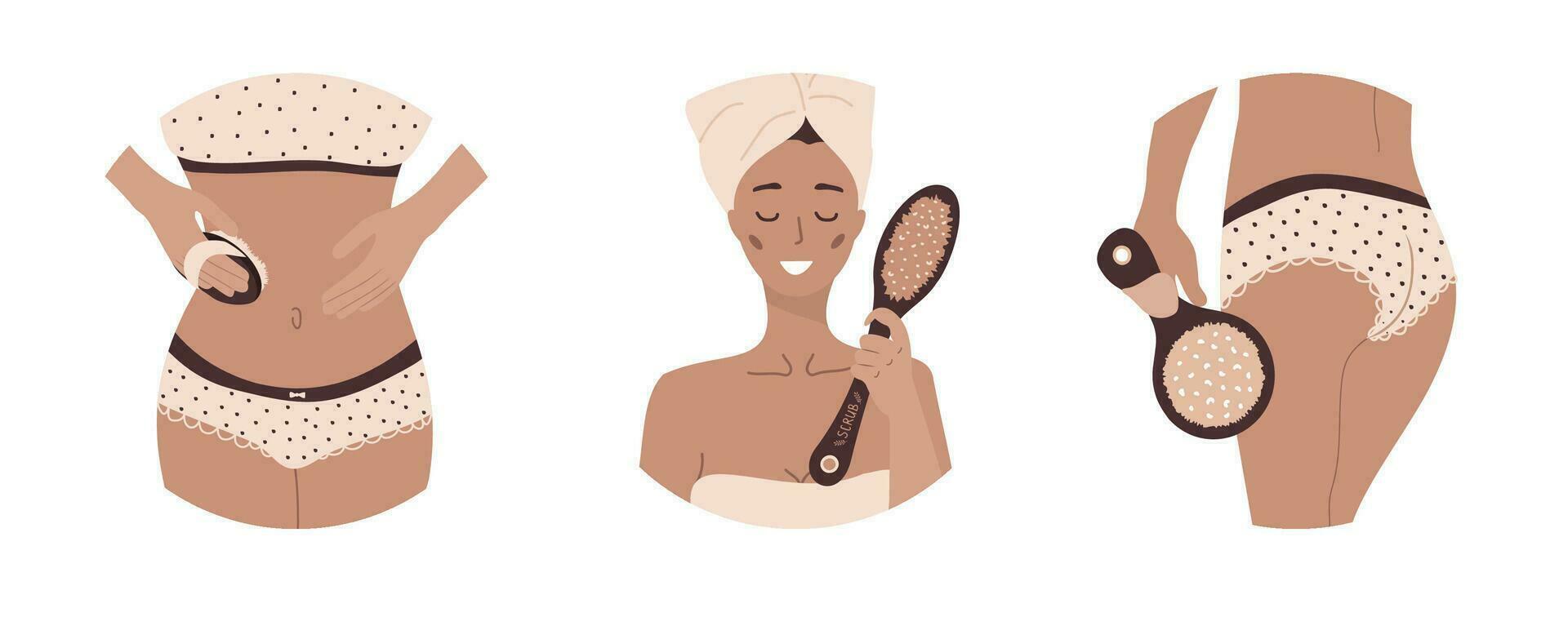 Home body care. Morning routine. Women with wooden cactus brushes. vector