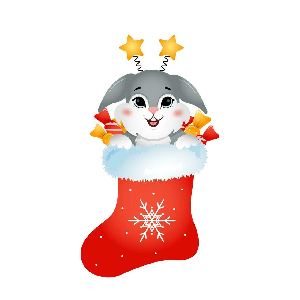 Year of rabbit. Cute bunny in christmas sock with candies. Chinese New year 2023 symbol. Vector illustration in cartoon style. Design element for greeting cards, holiday banner, decor