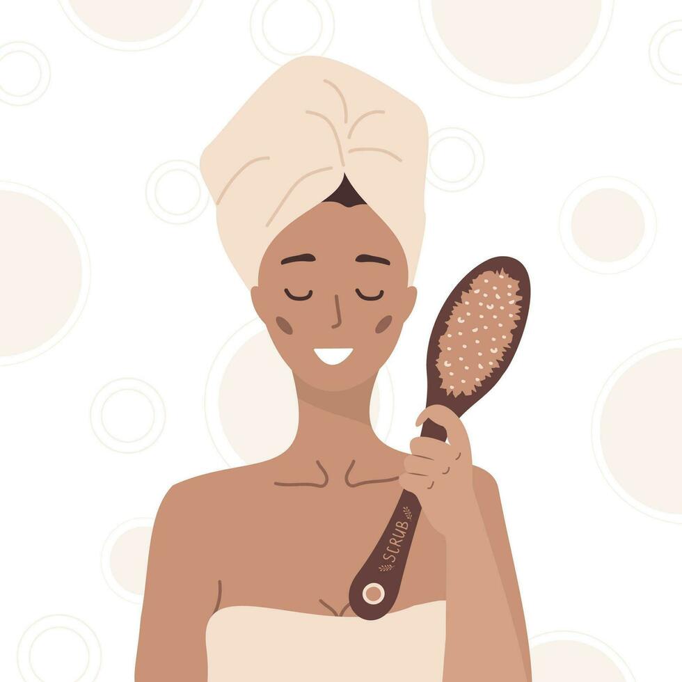 Woman with wooden cactus brush. Cellulite treatment. vector