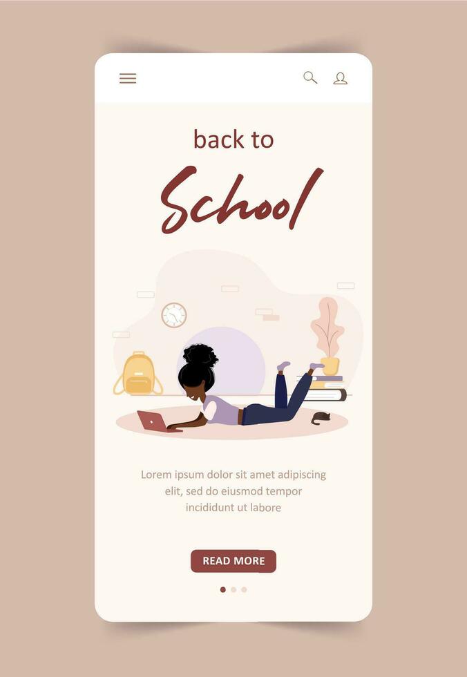 Back to school concept landing page. African girl with laptop. Smart students. Women cartoon character. Mobile template. Modern vector illustration in flat style.