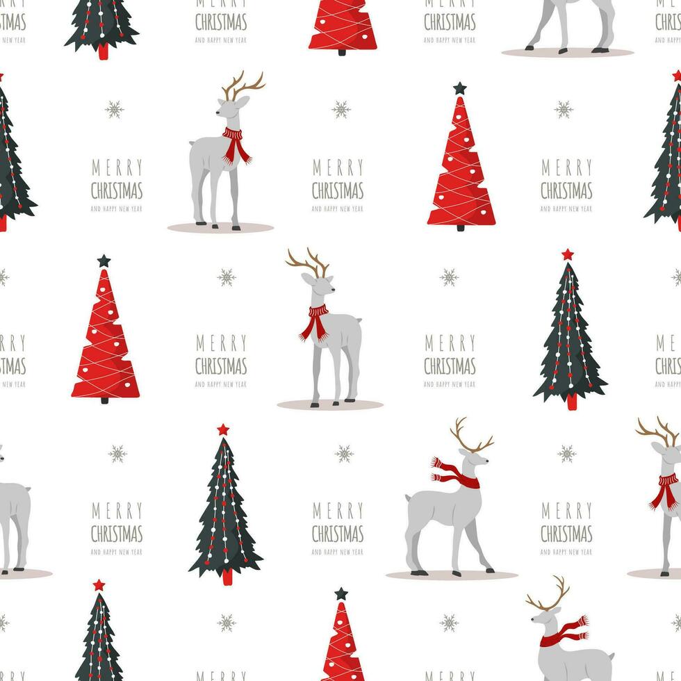 Christmas pattern with reindeers and trees. Cute deers with antlers and scarves. Winter print. New Year seamless background. Vector illustration in flat cartoon style