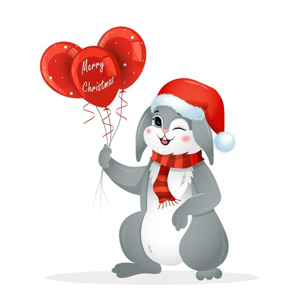 Christmas bunny in santa hat with balloons. Year of rabbit. Chinese New year 2023 symbol. Vector illustration in cartoon style. Design element for greeting cards, holiday banner, decor