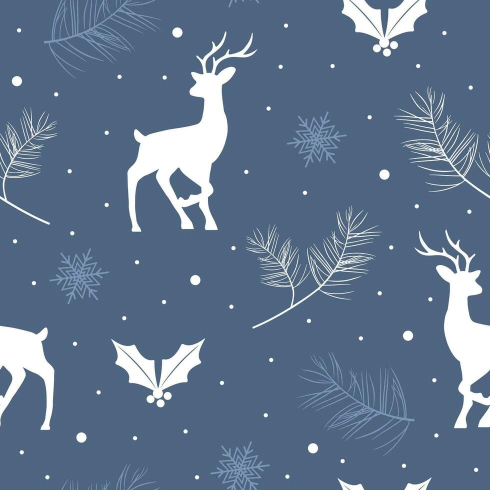 Seamless christmas pattern with reindeers and snowflakes. Beautiful winter or New Year background. Vector illustration in flat cartoon style. Perfect for fabric, package paper, wallpaper, textile