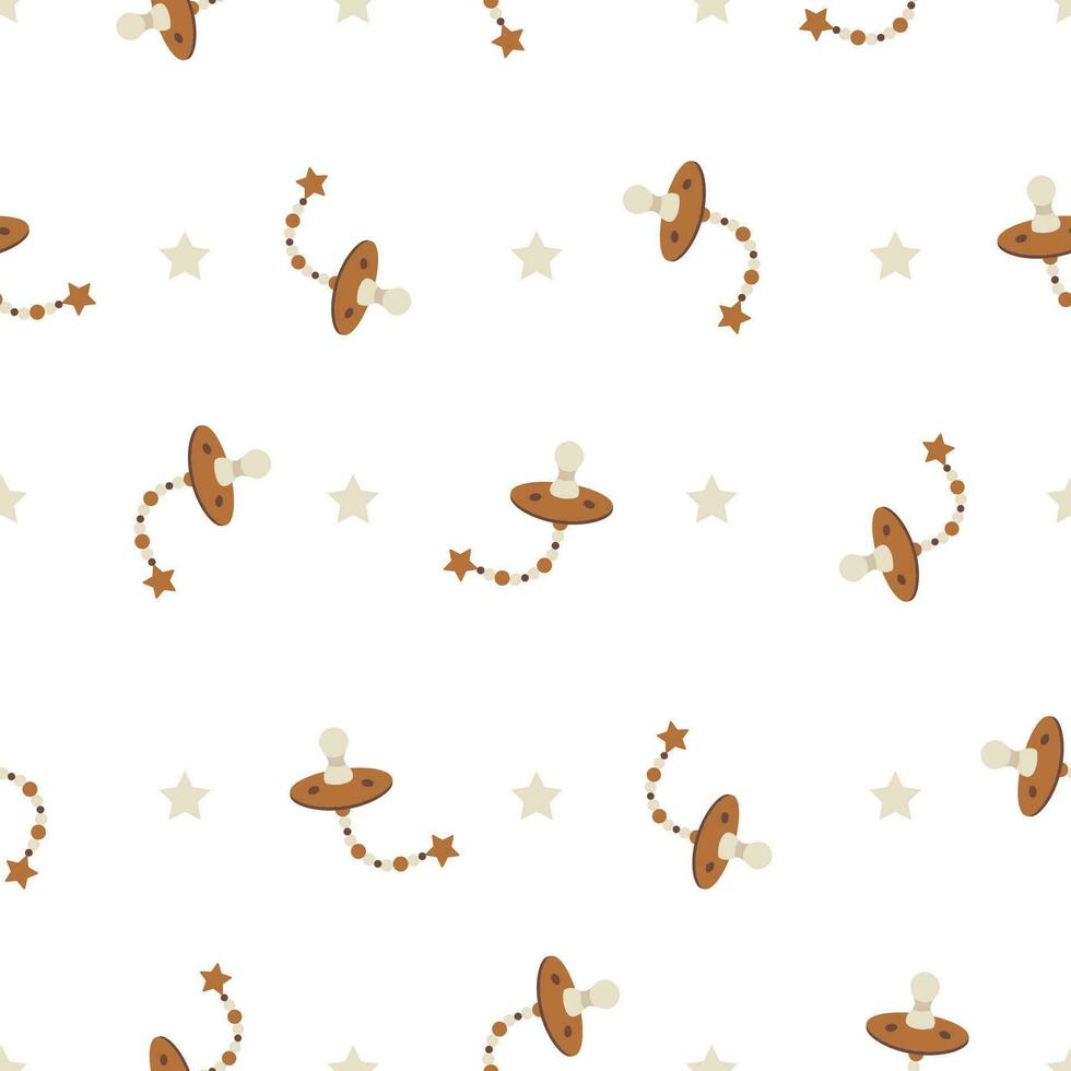 Seamless pattern with boho baby pacifiers. Hand drawn elements for nursery textile, wrapping paper, postcards. Vector illustration in flat cartoon style