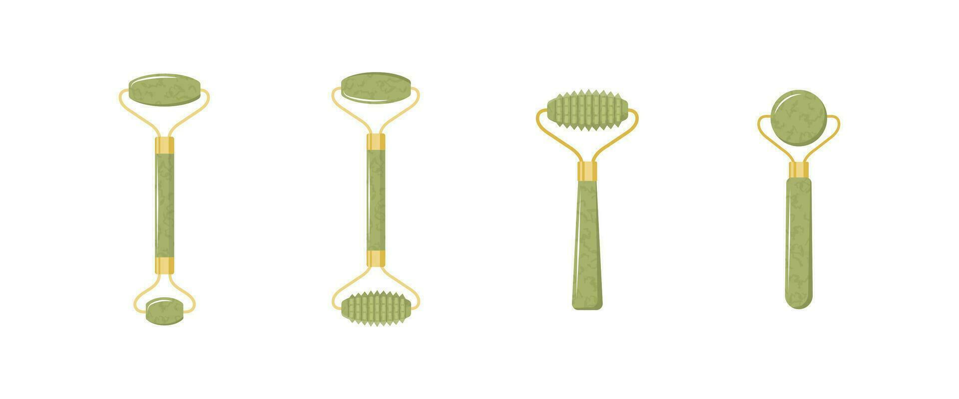 Jade facial roller. Chinese gua sha massage. Collection of different shape natural green nephrite stones. Skin care and morning routine. Vector illustration in flat cartoon style