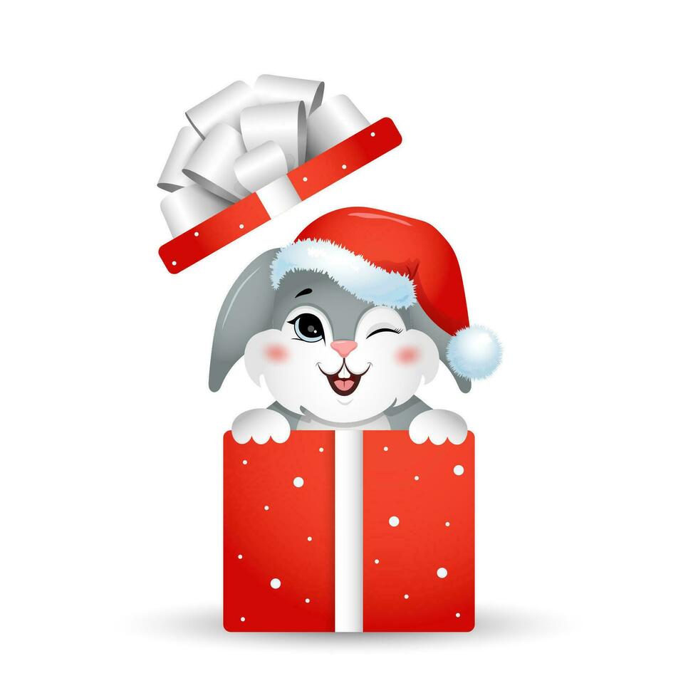 año de Conejo. regalo caja con Navidad conejito en Papa Noel sombrero. chino nuevo año 2023 símbolo. vector ilustración en dibujos animados estilo. diseño elemento para saludo tarjetas, fiesta bandera, decoración