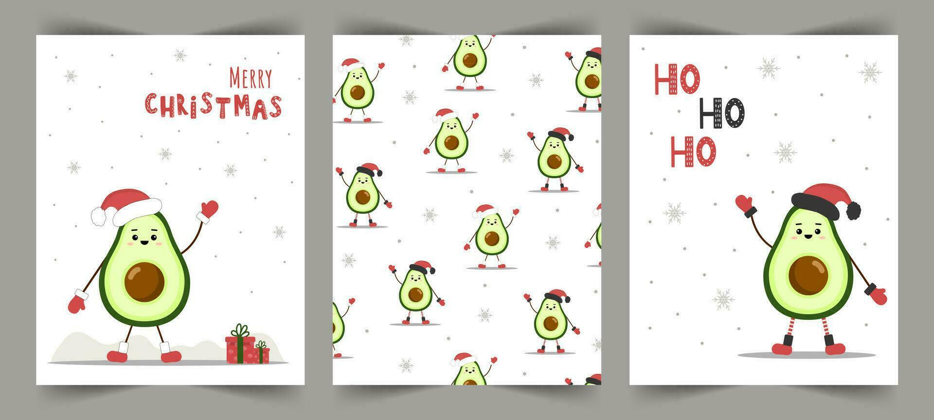 Cute christmas cards with avocado in santa hat. Season greetings. vector