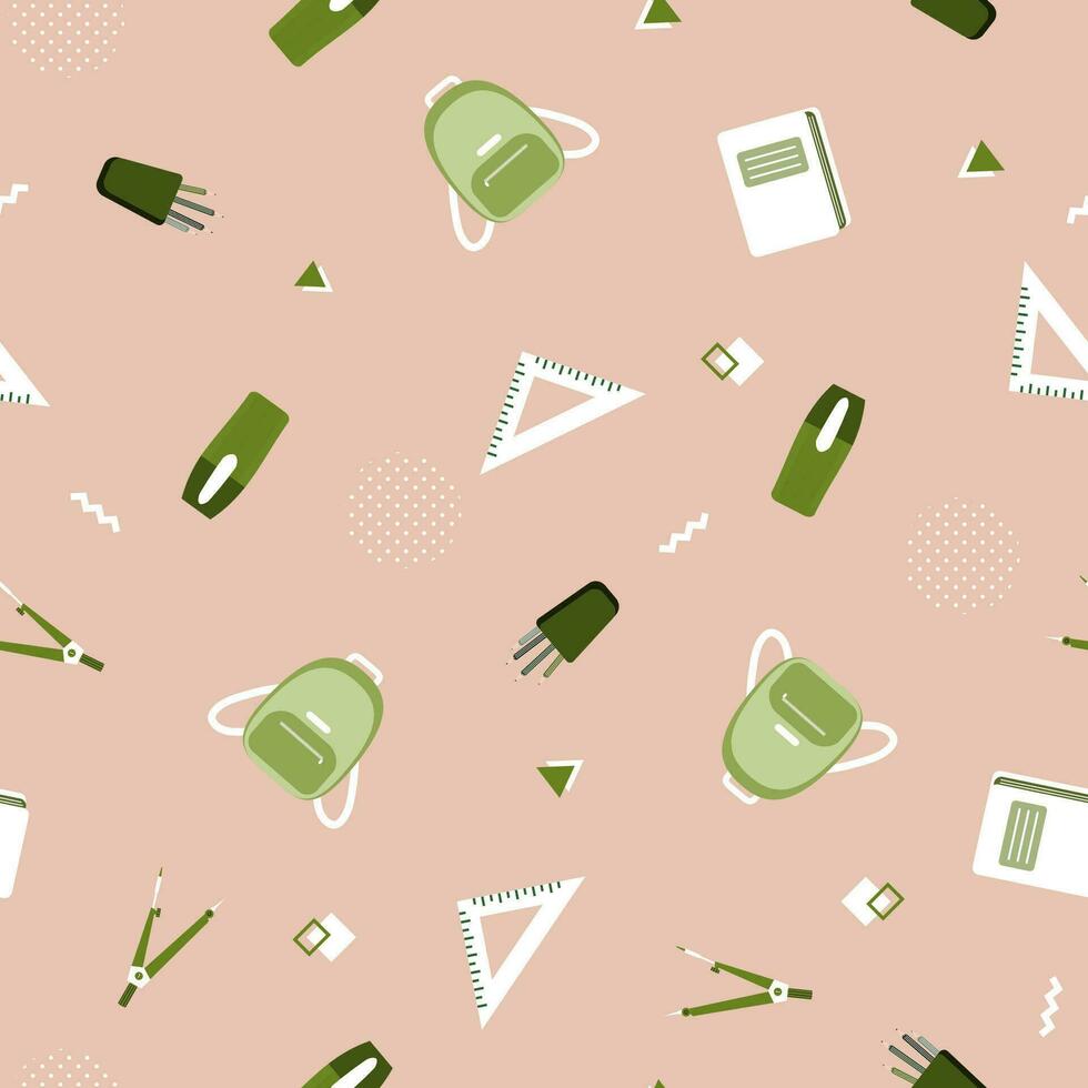 Seamless pattern with various school supplies on a beige background. Vector illustration in flat style.