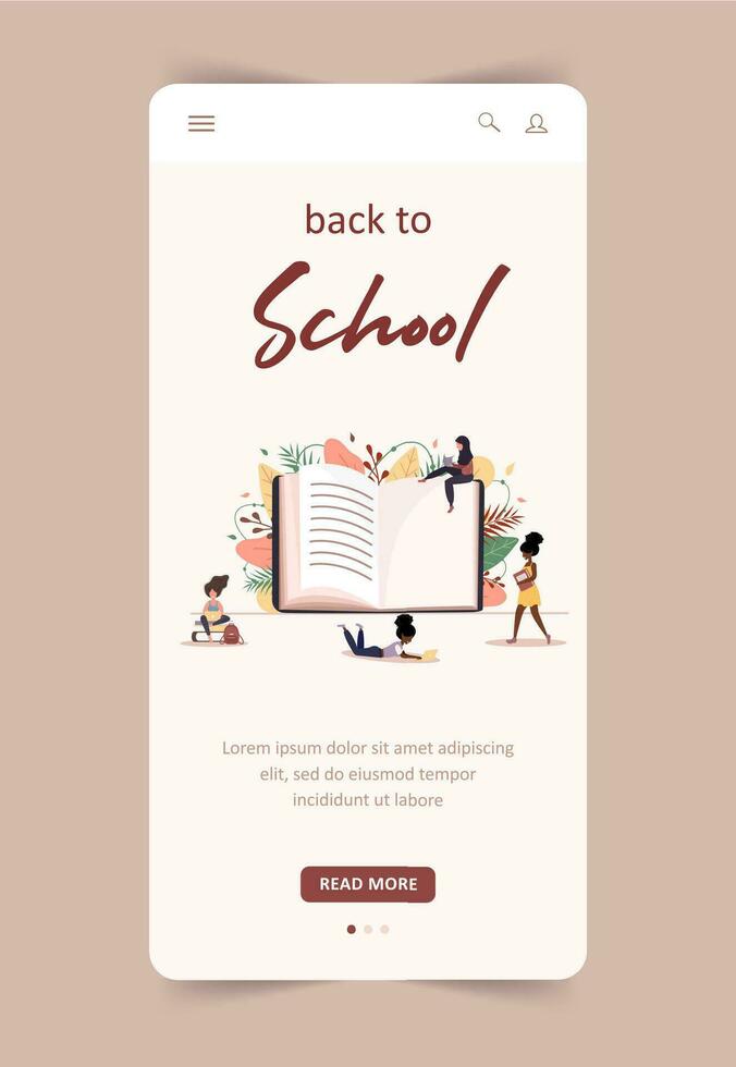 Back to school concept landing page. Girls with book and laptop. Smart students. Women cartoon character. Mobile template. Modern vector illustration in flat style.