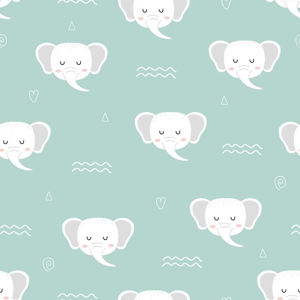 Seamless pattern with cute smiling elephant isolated on blue background. Cartoon zoo. Vector illustration. Posters for the design of children products in scandinavian style.