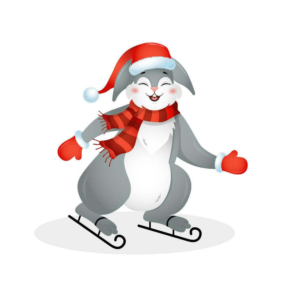 año de Conejo. Navidad conejito en Papa Noel sombrero en patines chino nuevo año 2023 símbolo. vector ilustración en dibujos animados estilo. diseño elemento para saludo tarjetas, fiesta bandera, decoración