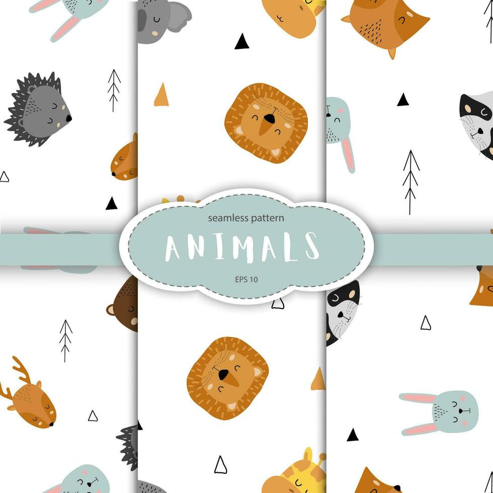 Seamless pattern of cute hand drawn sleeping animals. Cartoon zoo. Vector illustration. Animal for design of children products in scandinavian style.