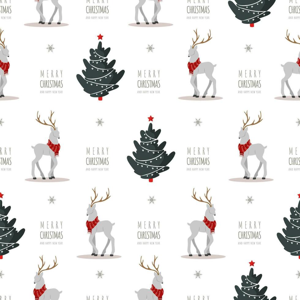 Christmas pattern with reindeers and trees. Cute deers with antlers and scarves. Winter print. New Year seamless background. Vector illustration in flat cartoon style