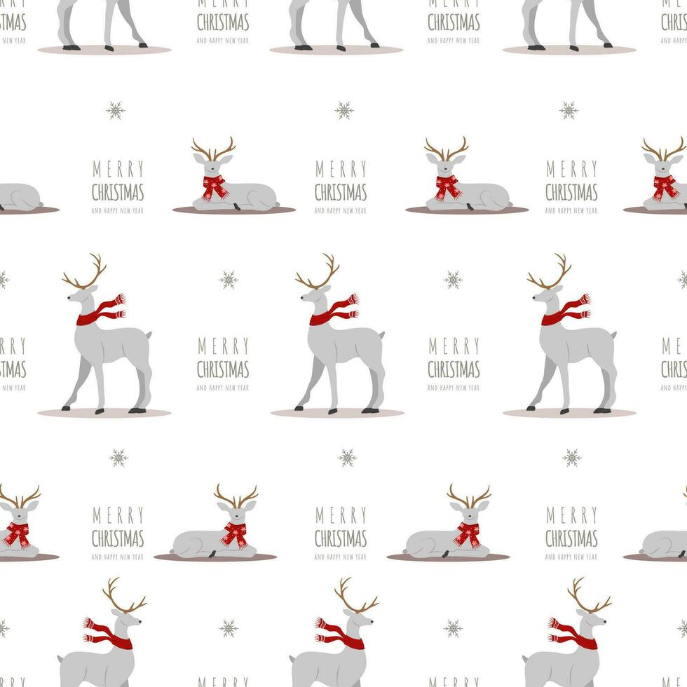 Christmas pattern with reindeers. Cute deers with antlers and scarves. Winter print. New Year seamless background. Vector illustration in flat cartoon style
