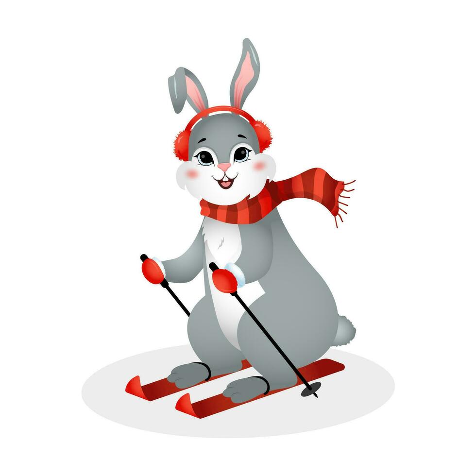 Cute bunny skiing. Year of rabbit. Chinese New year 2023 symbol. Vector illustration in cartoon style. Design element for greeting cards, holiday banner, decor