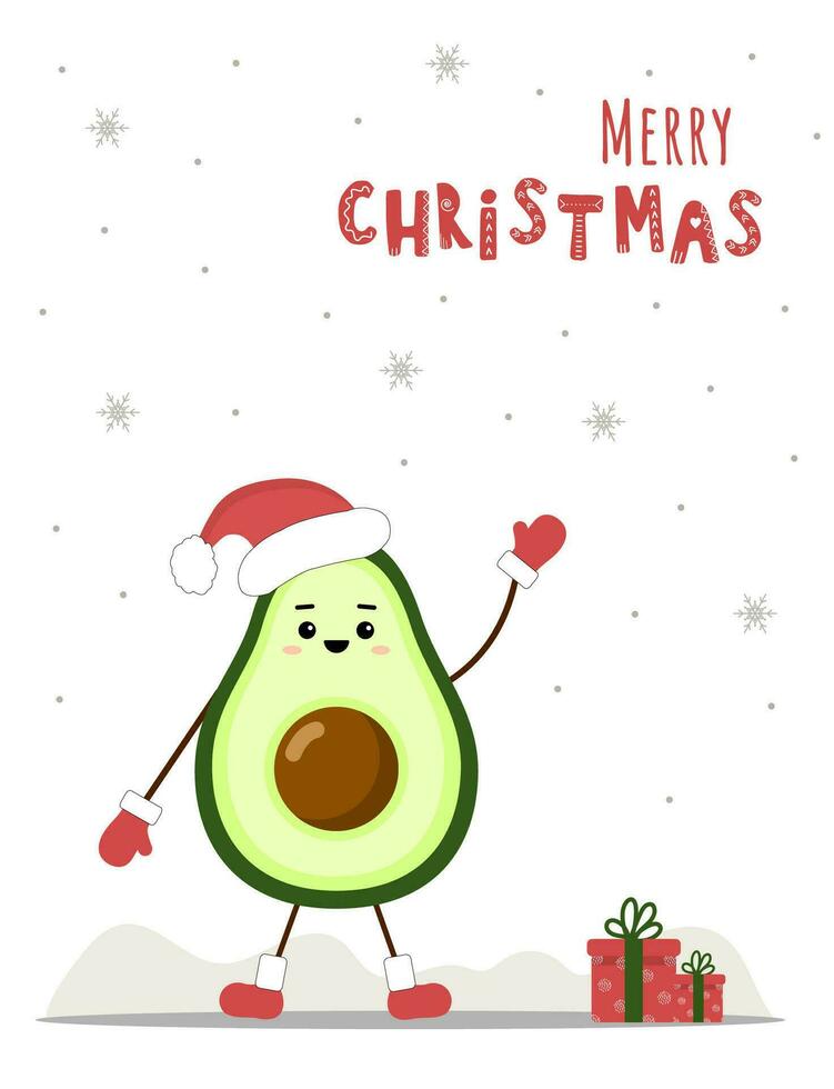 Cute christmas avocado in santa hat. New year postcard. Season greetings. vector