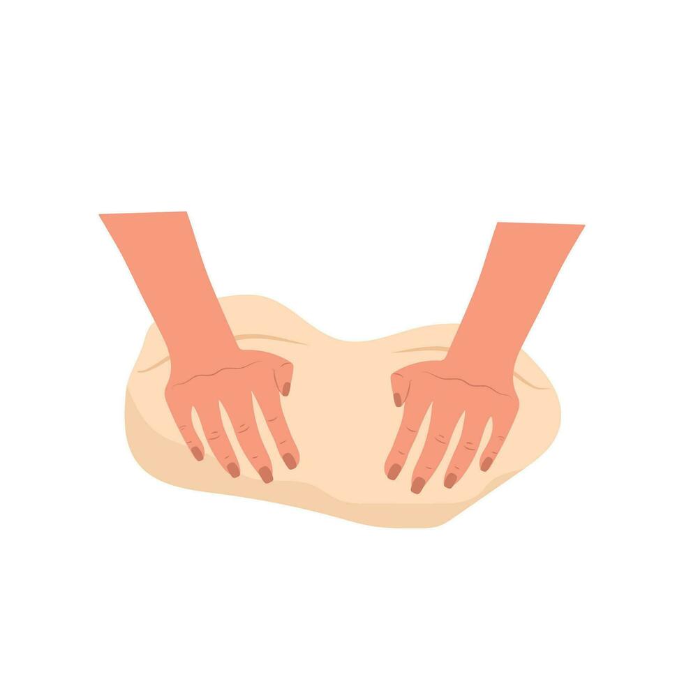 Kneading dough hands. Woman prepares homemade bread. Top view. Cooking school. Stay home and cook healthy food by recipe. Vector illustration in flat cartoon style