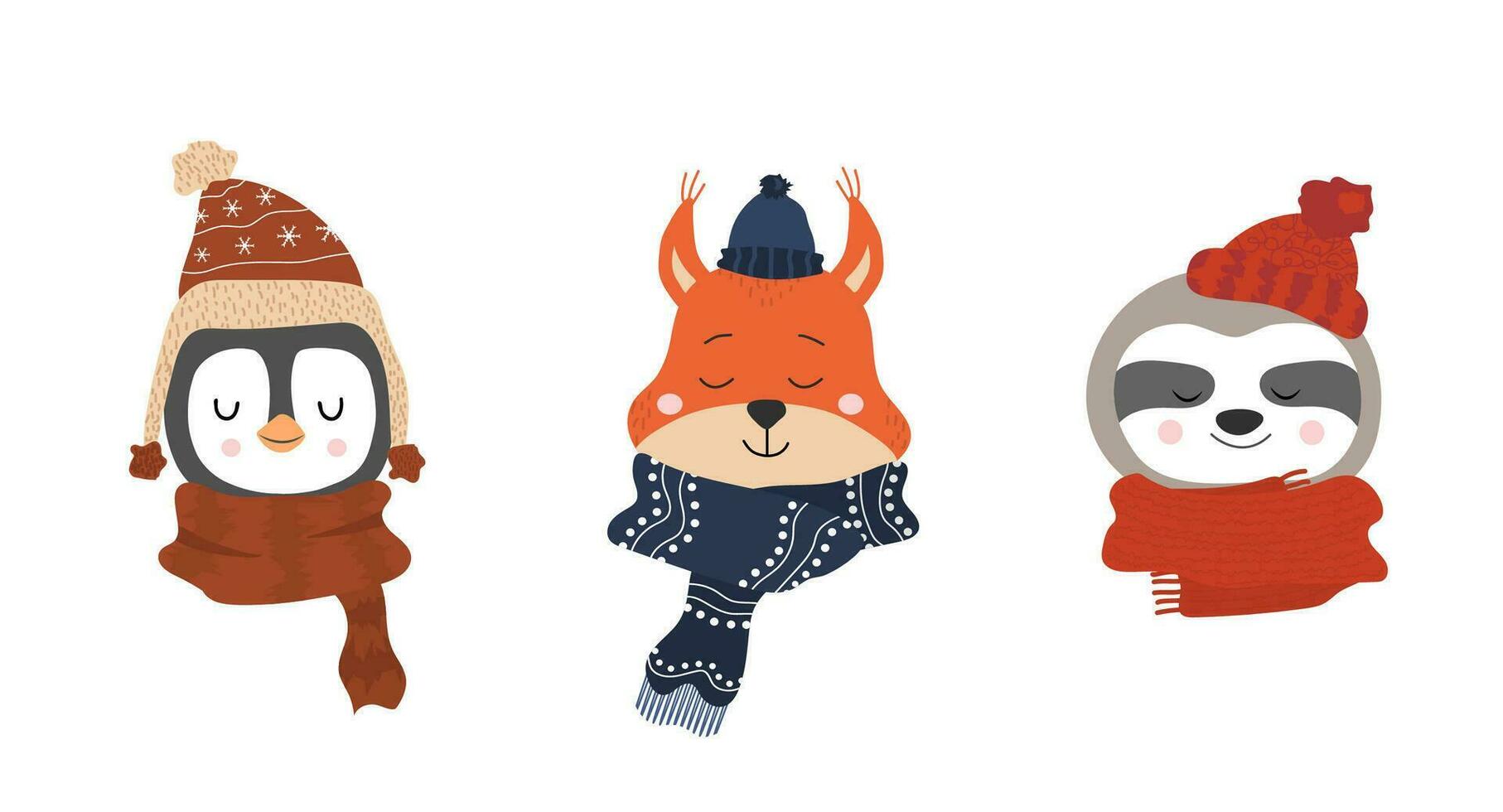 Set of cute hand drawn smiling animals in winter hat and scarf. Cartoon zoo. Vector illustration. Animal for the design of children products in scandinavian style.