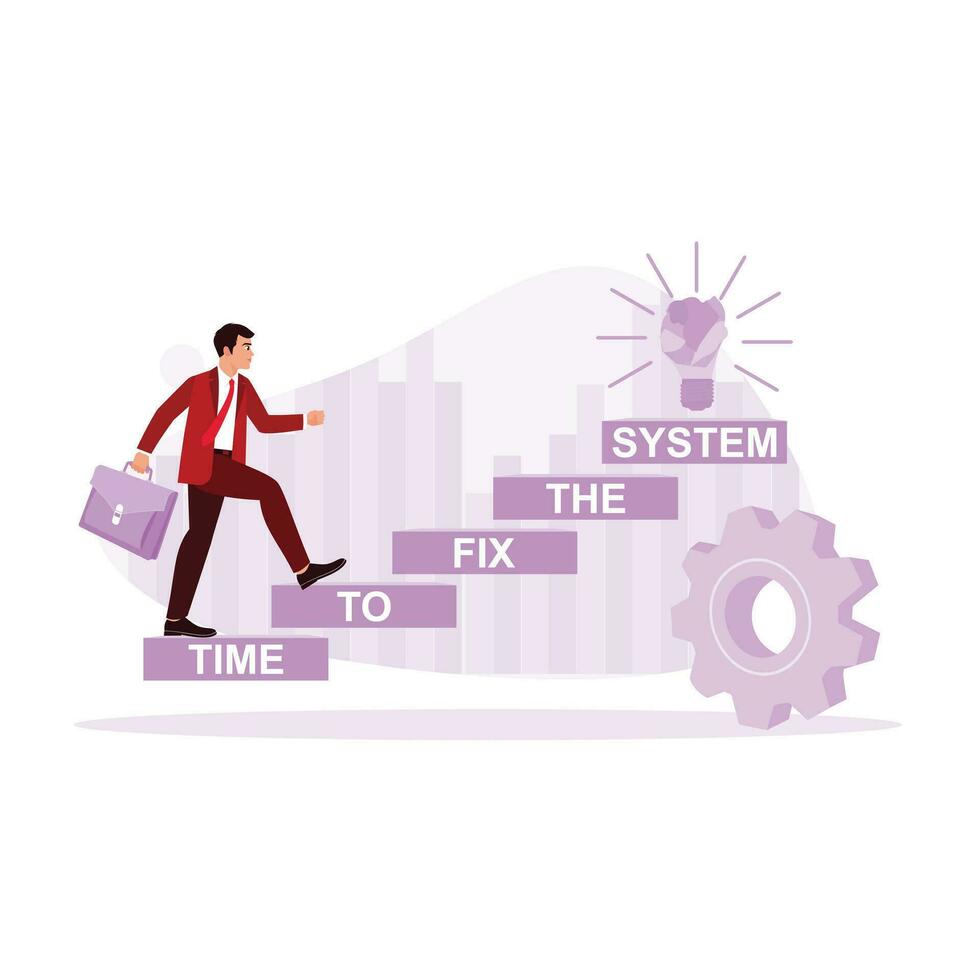 A businessman walks on wooden blocks with a time to fix the system symbol. Marketing Trends concept. Trend Modern vector flat illustration