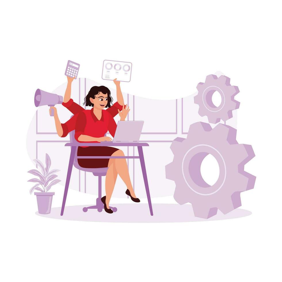 Young businesswomen are busy doing many jobs simultaneously in front of a laptop. Multitasking concept. Trend Modern vector flat illustration