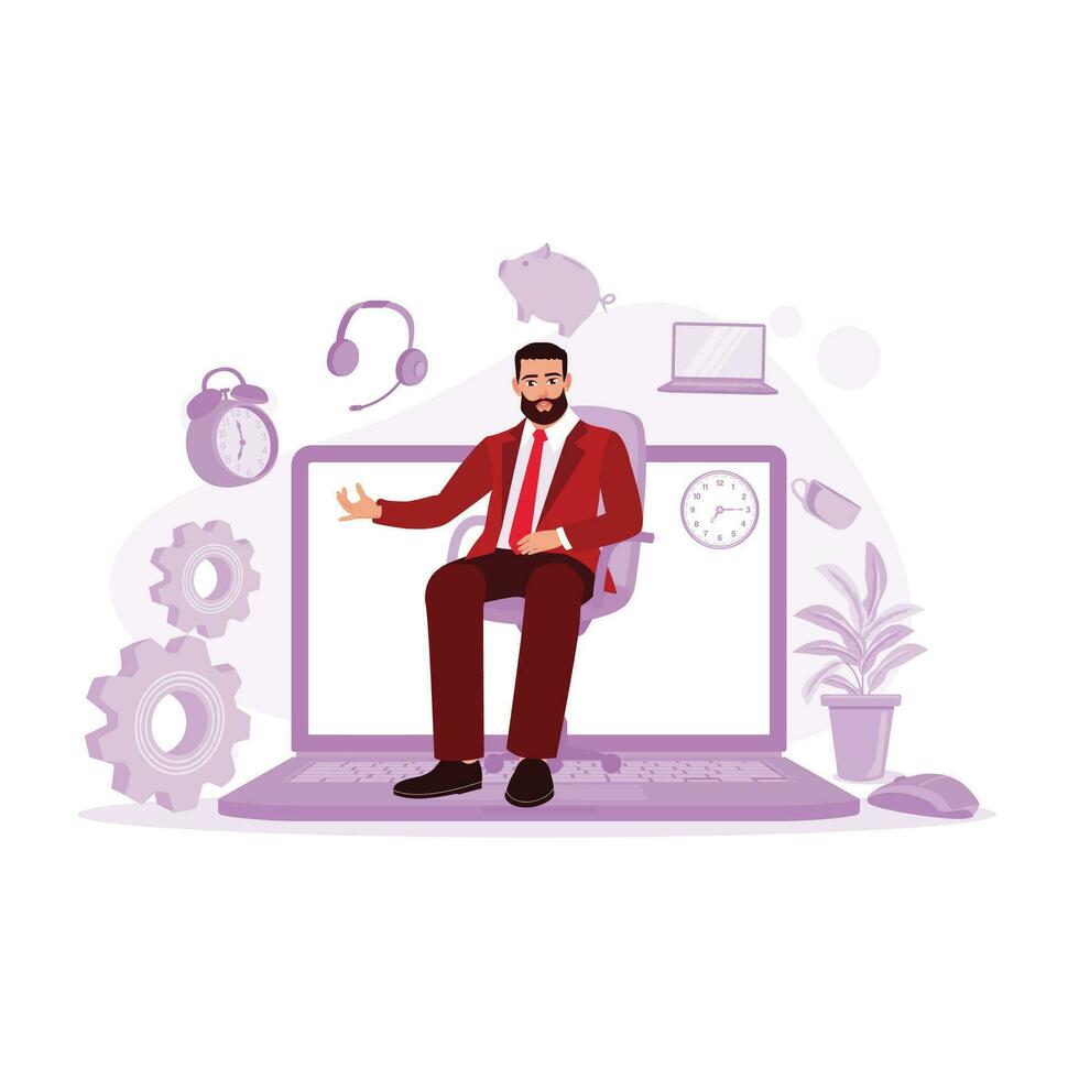 Middle-aged businessman sitting in a chair doing a lot of work in front of a laptop. Multitasking concept. Trend Modern vector flat illustration